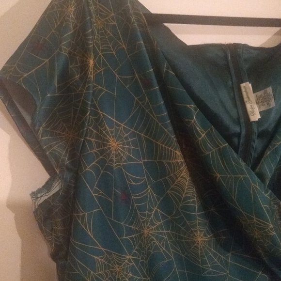 Satin Halloween spiderweb pinup teal swing dress 4X - Picture 4 of 4